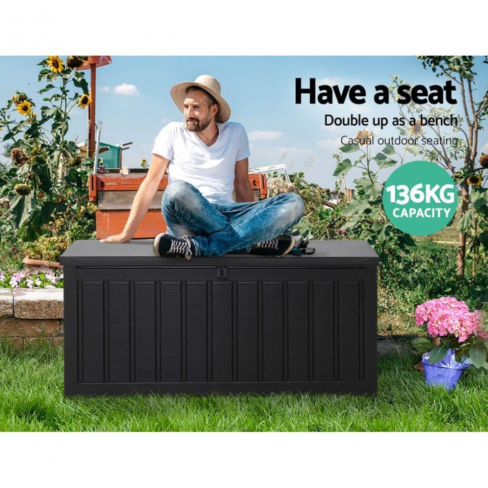 Outdoor Storage Box Bench Seat Lockable 240L - All Black - Outdoor ...